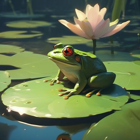 there is a painting of a frog sitting on a lily pad , concept art, sergey kolesov, animated film, concept art for movie, in style of atey ghailan, pixar concept art, by Goro Fujita, atey ghailan 8 k, animated film still, animated movie still, inspired by Atey Ghailan Frog Art Illustration, Frog On Lily Pad Painting, Frog Illustration Cute, Frog Concept Art, Frog Reference, Frog Animation, Frog In A Pond, Frog Animated, Cute Frog Art