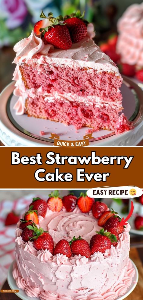 This cake is bursting with fresh strawberries and topped with a luscious cream cheese frosting. The Best Strawberry Cake Ever is perfect for any celebration and will be a hit with everyone who tries it. #StrawberryLover #CakeHeaven #SweetDelight Strawberry Cake With Cream Frosting, Frosting In The Cake Recipe, Strawberry Cake With Strawberry Cream Cheese Icing, Cake With Fruit Recipes, Perfect Party Cake, Strawberry Cake And Icing, Strawberry Cake Strawberry Icing, Strawberry Cake Fresh Strawberries, Strawberry Cake Cream Cheese Icing