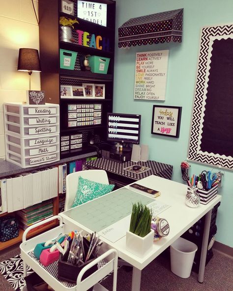 1st Things First on Instagram: “Got rid of my big bulky teacher desk this year & downsized to this $20 IKEA desk. I'm loving this tiny corner & the fact that I am…” History Teacher Classroom, Teacher Desk Areas, Teacher Desk Organization, Classroom Goals, Teacher Classroom Decorations, Classroom Makeover, Classroom Layout, Ikea Desk, Teachers Corner