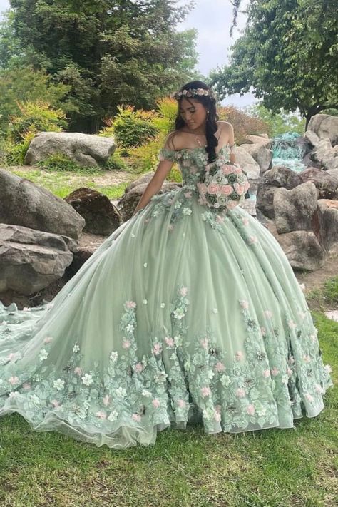 sage quinceanera dress Green Ball Gown Dress, Sage Quinceanera, Sage Green Ball Gown, Charro Quince, Green Quinceanera Dresses, Green Ball Gown, Green Quince, Quinceanera Themes Dresses, Off Shoulder Evening Dress