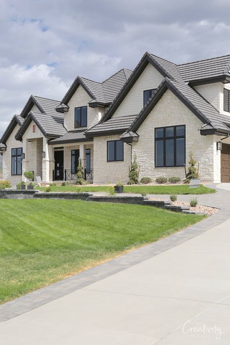 Stone Color House Exterior, Ranch House Elevations, New Traditional Home Exterior, Back Of Home Exterior, New Home Build Exterior, White Rock Home Exterior, Exterior Modern Farmhouse Ideas, This Is How We Bingham House, All Brick Farmhouse Exterior