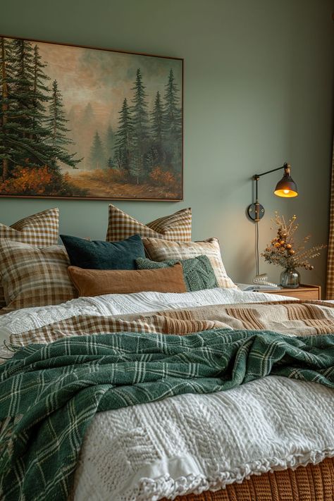 bedroom ideas, bedroom inspo, fall home decor, room ideas, fall bedrooms Bedroom Inspirations Autumn, Master Bedrooms Decor Easy, Mossy Green Aesthetic Bedroom, Nature Guest Bedroom, Bed Facing Window Layout, Fall/winter Bedding, Colorado Vibe Decor, Cabin Style Decorating Ideas, Green Plaid Bedroom