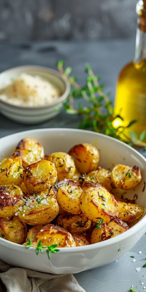 These Crispy Garlic Roasted Potatoes are the perfect side! Simple, tasty, and seasoned with a blend of herbs. Garlic Potatoes In Oven, Savory Potato Salad, Autumn Lunch, Potato Roasted, Best Roast Potatoes, Potatoes In Oven, Honey Roasted Carrots, Garlic Roasted Potatoes, Crispy Garlic