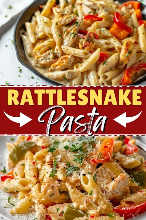 Rattlesnake pasta is a restaurant-worthy dish you can make at home! Penne is coated in a creamy, spicy, cheesy sauce you'll flip for. Copycat Rattlesnake Pasta, Easy Dinner Noodle Recipes, Lazy Quick Dinner, Pasta Dinner For 2, Rattlesnack Pasta Recipe, Kingsland Pasta Recipe, Big Family Dinner Recipes, Last Minute Meals Quick, Italian Food Easy