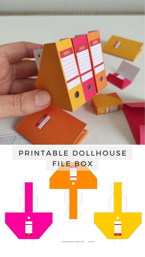 Organizing your dollhouse has never been more fun! Once you've printed the template on sturdy paper, cut and fold along the marked lines to create your mini office file boxes and document folders. Get creative with different colors to suit your personal style. These cute DIY paper miniatures will bring order and character to any space in your dollhouse. Miniature Paper Printables, Printable Folder Template, Paper Toys Printable Templates, Dollhouse Miniatures Diy Printables, Colorful Paper Crafts, Miniature Boxes Printable, Diy Paper Miniatures, File Folder Crafts, Miniature Printables Templates Free