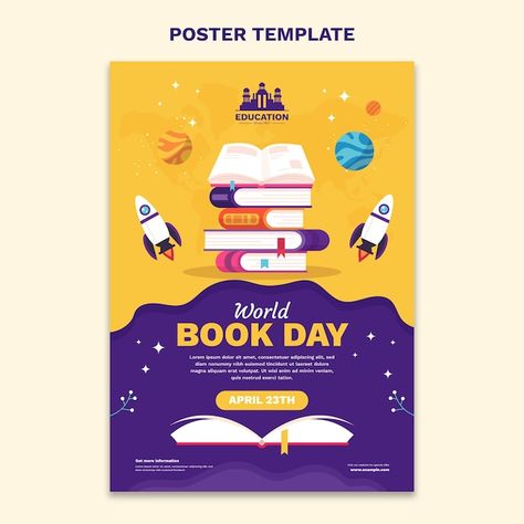 Poster On World Book Day, Book Posters Design, Book Sale Poster, Cartoon Poster Design, Canva Posters Design, Book Poster Design, Poster Education, Flat Design Poster, Library Poster