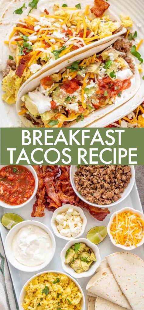 Start the day off right with these hearty and flavorful breakfast tacos! Flour tortillas loaded with sausage, scrambled eggs, cheese, salsa, and sour cream. Chicken And Egg Breakfast Tacos, Breakfast Tacos Sausage, Mexican Egg, Breakfast Tacos Recipe, Tacos Recipes, Taco Dinner, Breakfast Meat, La Food, Awesome Recipes