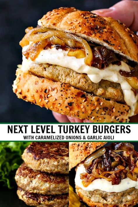 Next Level Turkey Burgers with Caramelized Onion & Aioli are so juicy and flavorful, you'll never look at a turkey burger the same! #turkeyburgers #groundturkey #burgerrecipe #dinnerrecipes Balsamic Turkey Burgers, Lettuce Turkey Burger, Hello Fresh Turkey Burgers, Turkey Burger And Sweet Potato Recipe, Thanksgiving Turkey Burger Recipes, Fall Turkey Burgers, Turkey Burger No Bun, Deconstructed Turkey Burger, Stuffed Turkey Burger Recipes