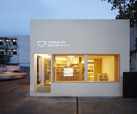 party space design has created a simple white construction for common room cafe in bangkok. Cafe Exterior, Small Coffee Shop, Small Cafe Design, Interior Design Minimalist, Coffee Shop Interior Design, Cafe Concept, Design Café, Storefront Design, Cafe Shop Design