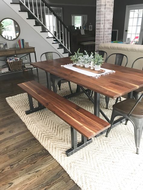 Metal and wood dining room table. Diy Table Base, Table Base Ideas, Metal And Wood Dining Table, Bench With Metal Base, Kitchen Table Metal, Wood And Metal Dining Table, Farm Table Dining Room, Table Metal Base, Eating Nook