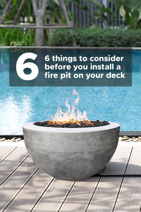 Backyard Fire Bowls, Small Deck With Fire Pit, Deck Fire Pit Ideas Patio Design, Fire Pit On A Deck, In Deck Fire Pit, Under Deck Fire Pit, Deck Safe Fire Pit, Gas Fire Pit Patio, Deck With Fire Table