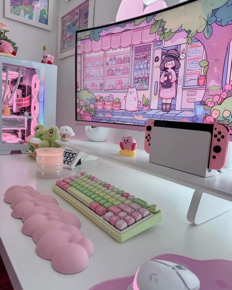 Pink And Green Gaming Setup, Gameing Set Up, Pink And White Gaming Setup, Pink Gaming Setup Aesthetic, Cute Gaming Room, Cute Pc Build, Gaming Set Up, Pretty Room Ideas, Pc Set Up