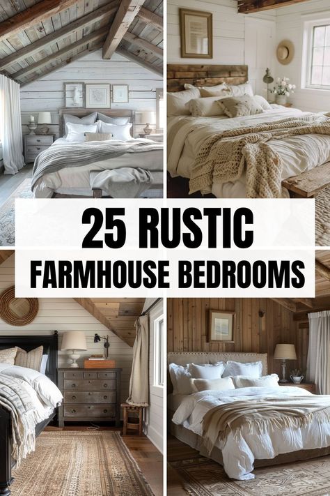 Explore the timeless appeal of 25 rustic farmhouse bedrooms, each beautifully blending comfort with style. From weathered wood accents to soothing color palettes, these rooms offer endless inspiration for creating your own peaceful retreat. Dive into the world of rustic charm and find ideas to transform your bedroom into a cozy haven Shiplap Master Bedrooms Decor, Farmhouse Bed Comforters, Modern Farmhouse Bedroom Furniture Simple, Country Styled Bedroom, Boho Chic Farmhouse Bedroom, Rustic Wood Walls Bedroom, King Size Comforter Sets Farmhouse, Farmhouse Antique Bedroom, Light Rustic Bedroom