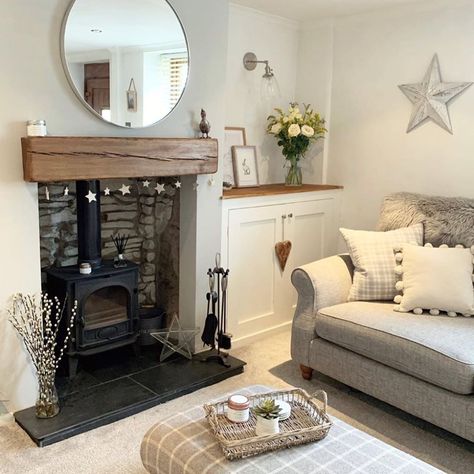 Small Living Room Ideas With Fireplace Cozy, Neutral Lounge Ideas, Cosy Small Living Room, Small Cosy Living Room, Lounge Fireplace, Alcove Ideas Living Room, Alcove Ideas, Country Cottage Living Room, Log Burner Living Room