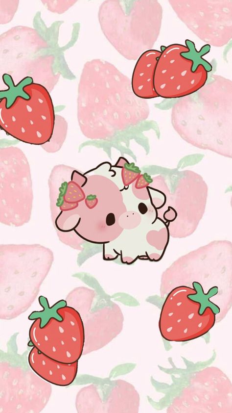 Strawberry Cow Wallpaper, Cow Wallpaper, Cow Drawing, Cow Print Wallpaper, Strawberry Cow, Goth Wallpaper, Iphone Wallpaper Kawaii, Cute Animal Drawings Kawaii