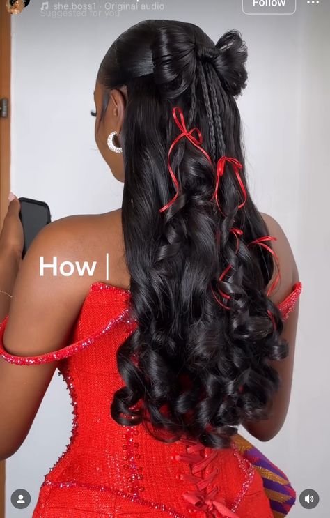 Graduation Hairstyle Black Women, Hairstyles For Long Hair Prom Black Women, Homecoming Hair Ideas Down, Fancy Hair Black Women, Glam Long Hairstyles, Brown Dress Hairstyle, Curly Down Hairstyles Black, Sew In Hairstyles Ideas, Pulled Back Wig Hairstyles