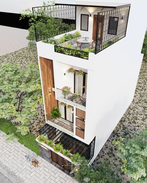 HOUSE-03 on Behance Facade Small House Design, Small House Facade Ideas, Minimal House Ideas, Narrow House Designs Exterior, Small Architecture House, Small Front House Design, Small Modern Minimalist House, Narrow House Design Interior, Rooftop Ideas House