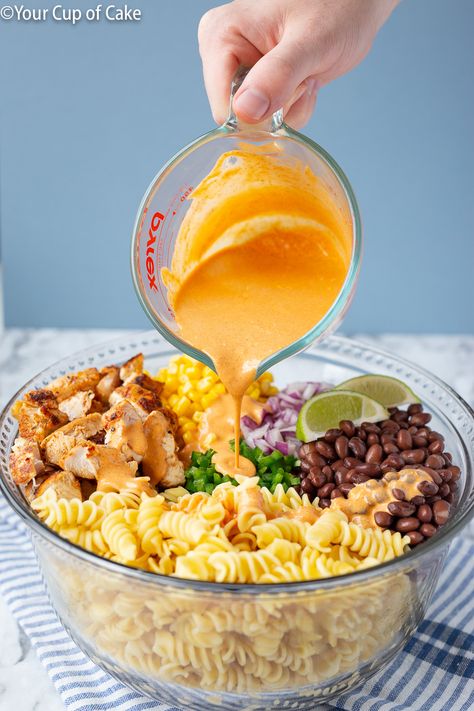 Easy dinner recipe for Chicken Enchilada Pasta Salad Sides For A Bbq Party Easy, Salad And Pasta Recipes, Cook Out Dish Ideas, Pasta Salad For One Person, Salads That Arent Boring, Pasta Salad Unique, Madi Nelson Mexican Lasagna, Slaw Dinner Recipes, Zesty Chicken Pasta