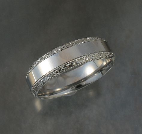 Man's hand engraved palladium wedding band by J. Roettger Jewelers, via Flickr Men Engagement Ring For Him Silver, Jack Hawthorne, Silver Wedding Rings Men, Mens Engraved Wedding Bands, Marriage For One, Mens Engagement Rings Silver, Mens Silver Wedding Bands, Engagement Ring For Him, Promise Rings For Guys