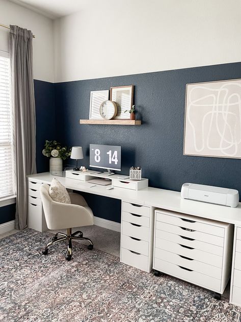 Office Makeover Small White Office Ideas, Ikea Storage Ideas Office, Ikea Diy Desk For Two, Small Ikea Office Ideas, Office Update On A Budget, Blue White Office Design, Ikea Desk Office Ideas, Small Office Design Ideas Business, Home Office Ikea Desk