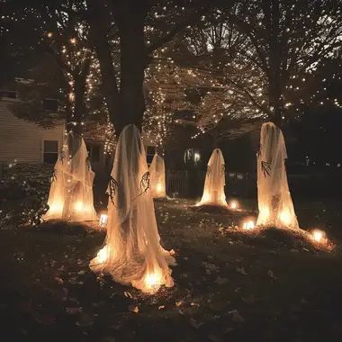 27 Halloween Decorations for Outdoor That Are Spooky Fabulous! - The Catalog Amazing Halloween Decorations Outdoor, Spooky Backyard Ideas, Halloween Yard Party Ideas, Halloween Decorations Backyard Party, Halloween Party Yard Decorations, Scary Backyard Halloween Party, Halloween Front Walkway, Ghost Garden Halloween, Witch Theme Outdoor Halloween Decor