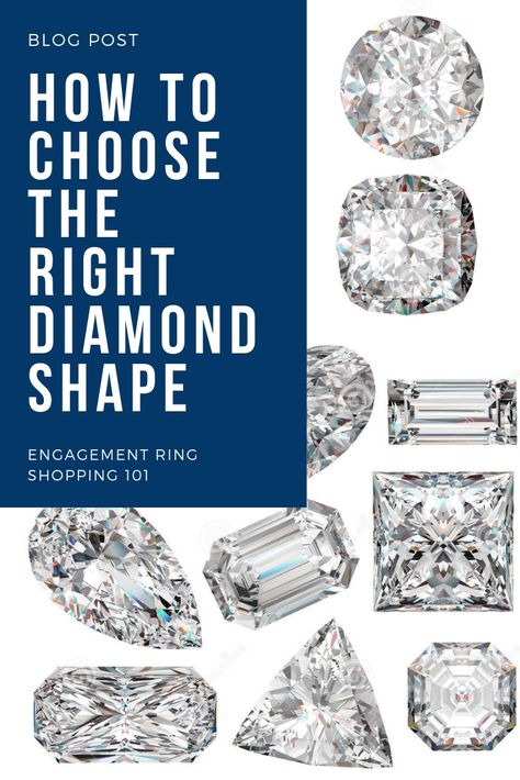 Choosing the right diamond shape for her engagement ring. Learn more about each shape in our blog post! | diamond education | custom design Diamond Ring Shapes Chart, Engagement Rings Shapes Chart, Diamond Shapes Chart, Different Diamond Shapes, Engagement Rings Shape Guide, Ring Shapes Engagement Chart, Engagement Rings Cuts Chart, Engagement Ring Shapes Chart, Oval Carat Size Chart