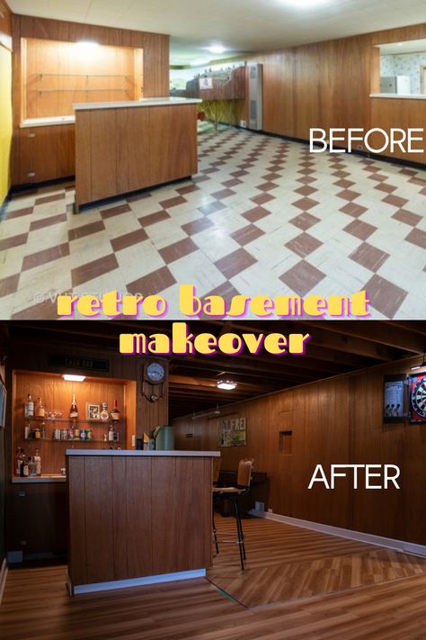 Basement Remodel Wood Paneling, 1970s Basement Bar, Basement Bar Wood Paneling, Midcentury Modern Basement Remodel, Wood Panel Basement Ideas, Basement With Paneling, Modern 70s Basement, 50s Wood Paneling, Wood Paneled Basement Makeover