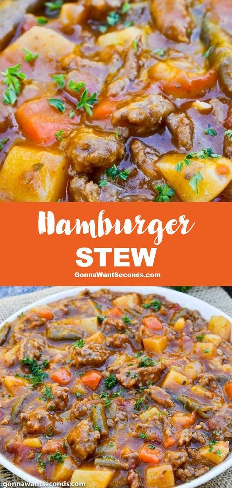 Hamburger Stew Recipes, Ground Hamburger Recipes, Casseroles Beef, Ground Beef Stews, Hamburger Stew, Hamburger Soup, Cold Weather Food, Hamburger Recipes, Soups Stews