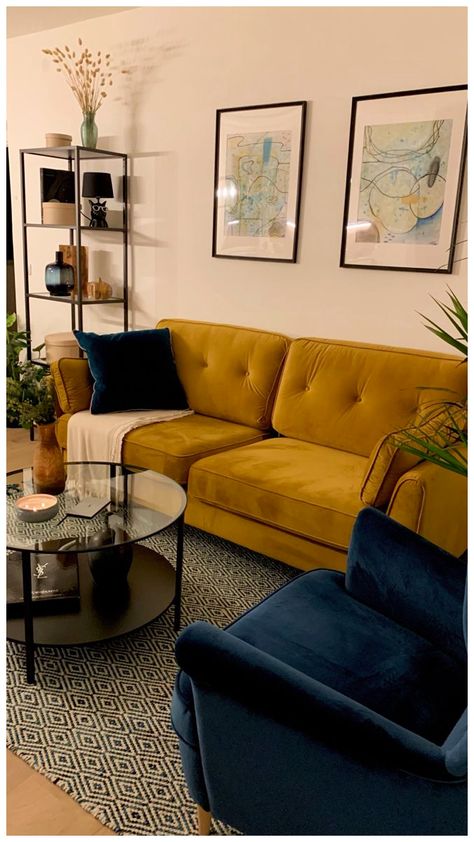 Mustard Green Couch Living Room, Tony Living Room Ideas, Yellow Arm Chair Living Room, Living Room Ideas Yellow And Grey, Color Palette For Small Apartment, Mustard Cushions Living Room, Mustard Color Couch, Mustard Armchair Living Rooms, Mustard Chair Living Room