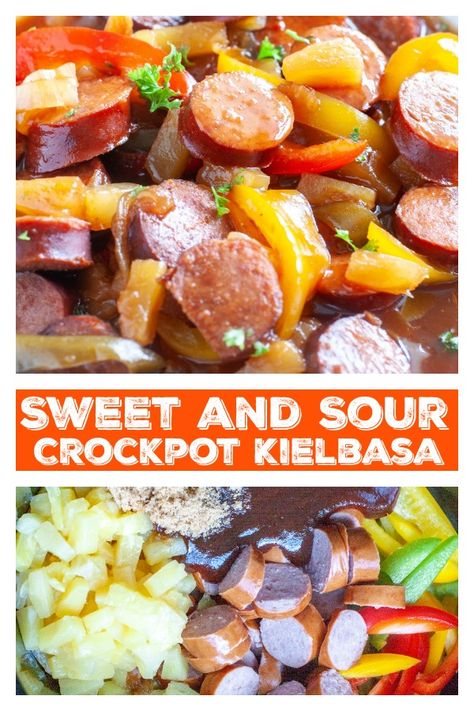 Kielbasa And Pineapple Recipes, Kielbasa And Perogies Recipes Crockpot, Sweet And Sour Kielbasa, Crockpot Kielbasa, Sausage Crockpot Recipes, Crockpot Dinner Recipes, Sausage Crockpot, Smoked Sausage Recipes, Crockpot Appetizers