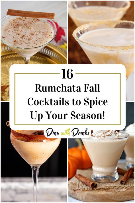 Collage of 4 rumchata fall cocktails. Fall Drinks With Rum Chata, Rumchata Fall Cocktails, Rumchata Fall Drinks, Run Chata Recipes, Fall Rumchata Drinks, Hot Rumchata Drinks, Recipes With Rumchata, Easy Fall Drinks Alcohol Recipes, Fall Dessert Cocktails