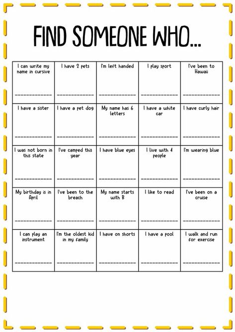 Engage in interactive math with our Find Someone Who worksheets and spark your child's love for numbers! Explore now. #MathFun #FindSomeoneWho #MathWorksheets #findsomeonewho Math Ice Breakers, Icebreaker Bingo, Esl Learning, Math Bingo, Name In Cursive, Bingo For Kids, Get To Know You Activities, Classroom Makeover, History Classroom