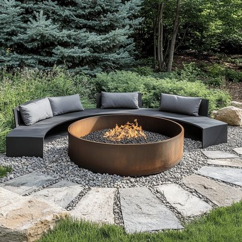 30 Stunning Outdoor Fire Pit Ideas for Cozy Evenings Fire Pit Ring Ideas Backyard, Round Fire Pit Seating Ideas, Small Backyard Ideas With Fire Pit, Built In Outdoor Fire Pit, Cozy Backyard Ideas Fire Pit Area, Circle Patio With Fire Pit, Fire Pits Backyard Ideas Diy, Fire Pit Outside, Mediterranean Fire Pit