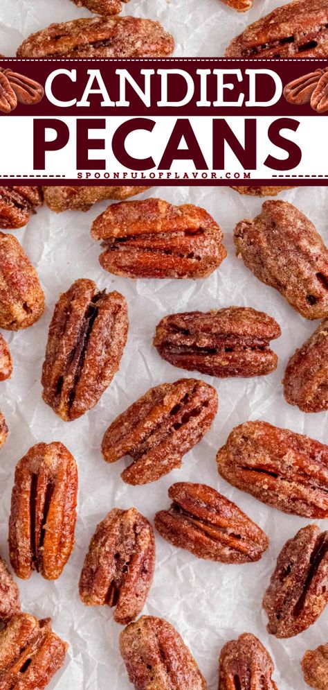 Looking for easy Christmas treats? These Candied Pecans are sweet, crunchy, and super addictive! These Christmas sweets make great holiday gifts to loved ones or an addition to your salads and desserts. Pin this recipe! Candy Pecans Recipe Easy Oven, Holiday Nut Recipes Christmas Gifts, Christmas Pecans Recipes, Recipe For Candied Pecans, Candied Pecan Recipes, Quick Candied Pecans, Baked Candied Pecans, Spiced Candied Pecans, Candy Nuts Recipe Easy