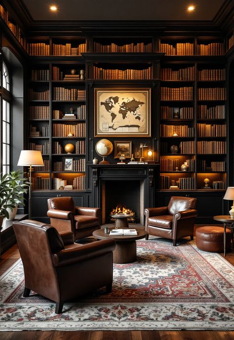 Old Money Living Room Old School Study Room, Office Whiskey Room, Dark And Moody Home Library, Old English Library Aesthetic, Comfortable Sitting Room Ideas, Home Library Sofa, Black Painted Bookcase Ideas, Whiskey Library Room, Fireplace Lounge Seating