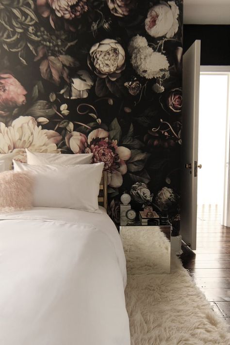 Before and After: Dark Dramatic Floral Wallpaper Makeover | Apartment Therapy Wall With Flowers, Bedroom Makeover Before And After, London Bedroom, Dark Bedroom, Bad Inspiration, Versace Home, Black Wall, Wallpaper Bedroom, Dream Bedroom