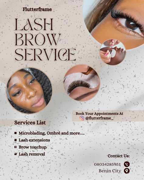 Excited to share this simple yet classy flyer design I created for @flutterframe_! 🌟 Their lash and brow services in Benin City are top-notch, and it was a pleasure to design something that reflects their amazing work. Need a standout flyer for your business? Let’s transform your ideas into art! DM me to get started. #GraphicDesign #FlyerDesign #ClientWork #Branding #DesignInspiration #LashAndBrow #Flutterframe #BeninCity #DesignShowcase #FCOPGraphics #DesignStudio #CreativeProcess #Visual... Eyelash Flyer Design, Lash Business Flyer Ideas, Lash Extension Flyer Design, Lash Flyer Design, Lashes Tips, Insta Nails, Lash Flyer, Benin City, Beauty Business Cards