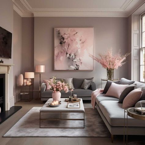 Pink And Grey Lounge Ideas, Grey Pink Black Living Room, Grey With Pink Living Room, Grey Blush Living Room, Living Room Blush Pink And Grey, Pink And Gray Interior Design, Grey And Pink Interior, Grey And Pink Living Room Ideas Decor, Blush Pink Lounge Living Rooms