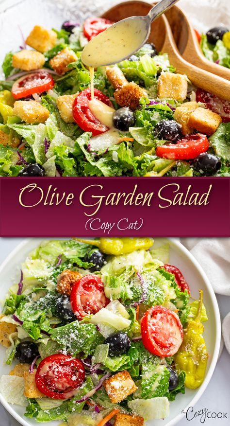 copy cat Olive Garden Salad with tomatoes, lettuce, black olives, croutons and pepperoncini's. Salad From Olive Garden, Best Salad With Spaghetti, That Good Salad Recipe, That Good Salad Taste Of Home, Healthy Quick Salads, Olivia Garden Salad, Salad To Pair With Pasta, Side Salad Recipes Italian, The Best Side Salad