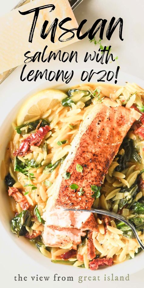 Tuscan salmon is a family-friendly one pot meal that combines omega-3 rich salmon with lemony orzo, spinach, and sun dried tomatoes. Salmon For Christmas Dinner, Low Calorie Salmon Dinner, Lemon Orzo Salmon, One Pan Salmon, Lemony Orzo, Orzo Spinach, Cooking Salmon Fillet, Tuscan Salmon Recipe, Tuscan Salmon