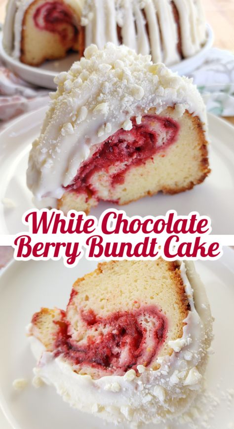 An easy, absolutely DELICIOUS recipe for tender white chocolate cake with a berry swirl based on Nothing Bundt Cakes famous White Chocolate Raspberry cake. White Chocolate Raspberry Bundt Cake Copycat, Berry Bundt Cake, Berry Pie Filling, White Chocolate Raspberry Cake, Sink Cookies, Cake Bundt, Kitchen Sink Cookies, Nothing Bundt Cakes, White Chocolate Cake