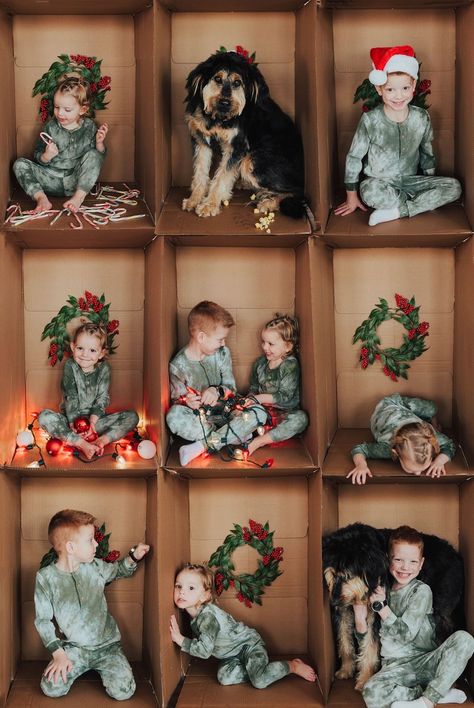 Mini Photo Decor Ideas, Christmas Family Photo Ideas Indoor, Kid’s Christmas Photoshoot, Christmas Indoor Mini Sessions, Cardboard Box Photography, Kid Holiday Photoshoot Ideas, Family Christmas Pictures Ideas Indoor, Cardboard Box Photoshoot Diy, Unique Christmas Mini Session Ideas