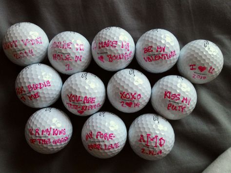 Valentine's Day gift for my hubby... ProV1 balls with golf love quotes! He loved them!! Golf Valentines, Golf Birthday Gifts, Golf Ball Gift, Golf Ball Crafts, Funny Golf Gifts, Golf Birthday Party, Golf Gifts For Men, Golf Birthday, Creative Gifts For Boyfriend