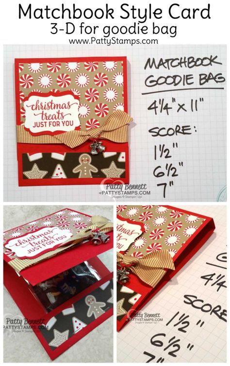 Measurements for Candy Cane Lane matchbook style card or gift / goodie bag holder idea for Christmas, with Stampin' Up! products, by Patty Bennett for the Luv 2 Stamp group Gingerbread Cards, Match Books, Patty Bennett, Christmas Treats Holders, Hershey Nugget, Diy Events, Candy Cane Lane, Gift Cards Money, Buffalo Print