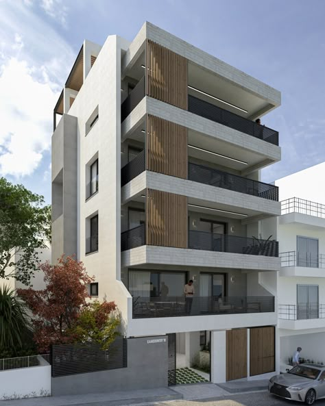 Our latest residential project concerns an A+energy efficient apartment building, located in the Agios Dimitrios area in Athens, Greece. This residential design consists of a four-storey building with pilotis, basement and a roof area for exclusive use, including a flat apartment per floor. Regarding the size of the building, we have a total of 325sq.m […] Apartment Blocks Architecture, Two Floor Apartment Design, Apartments Ideas Architecture, 4 Storey Residential Building Design, Modern 3 Story Apartment Building Design, 3 Storey Apartment Design, 8 Story Apartment Building, 3 Floor Apartment Building, Outside Apartment Building