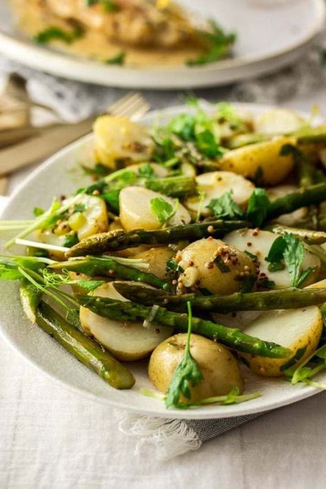 Warm Potato Asparagus Salad | Sugar Salt Magic Anna Barnett, Easy Vinaigrette, Potato Asparagus, Lemon Thyme Chicken, Raclette Cheese, Warm Potato Salads, Thyme Chicken, Simple Vinaigrette, Warm Salad