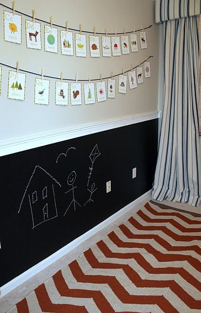 Half chalkboard wall Chalkboard Wall Kids, Chalkboard Wall Playroom, Chalkboard Paint Wall, Chalkboard Wall Bedroom, Blackboard Wall, Boys Playroom, Chalk Wall, Carpet Pattern, Toddler Playroom