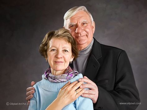 Old Couple Portrait Painting by Kapil Vaishnani Parents Photoshoot, Couple Portrait Painting, Old Couple Photography, Older Couple Poses, Older Couple Photography, Digital Portrait Painting, Old Couple, Family Portrait Poses, Elderly Couples