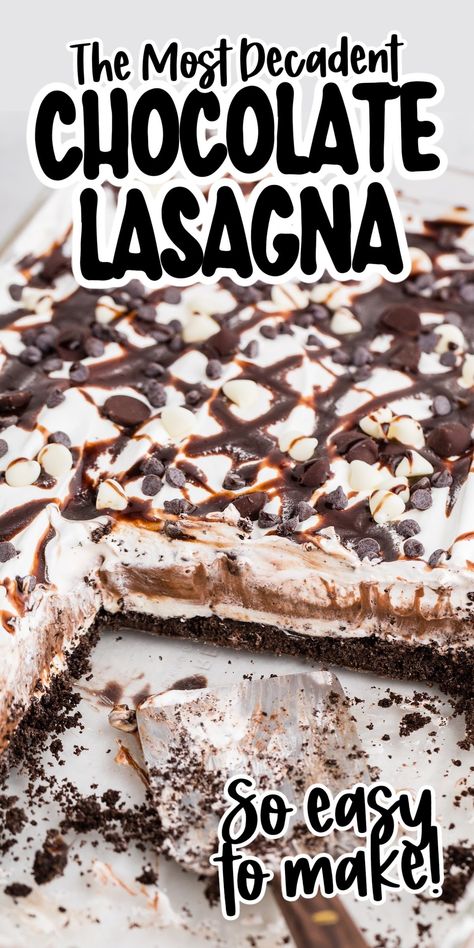 The creamiest, most luscious blend of chocolate, whipped cream, cheesecake, and Oreo cookie crust make up this decadent Chocolate Lasagna. White Chocolate Recipes Desserts, Whipped Cream Cheesecake, Oreo Cheesecake Chocolate Cake, Chocolate Lasagna Dessert, Chocolate Layer Dessert, Creamy Chocolate Dessert, Lasagna Dessert, Chocolate Lasagna Recipe, Whipped Cream Desserts