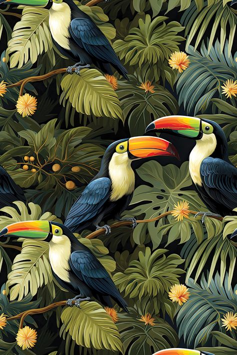 The last seamless pattern from a series of five, focused on the wilderness. Available on Esty, Redbubble and others ....................................................................................................... jungle, toucan pattern, repeatable pattern, all over print, green pattern, seamless bird pattern, green and orange, wild animal, animal pattern, parrot, pattern pillow, seamless pattern, feathers, beak, patterncabinet, pattern cabinet, repeatable pattern, tumbler design Jungle Pattern Design, Jungle Wallpaper Tropical Prints, Toucan Wallpaper, Wild Animals Art, Repeatable Pattern, Animal Design Illustration, Leaves Wallpaper Iphone, Tropical Prints Pattern, Amazon Animals